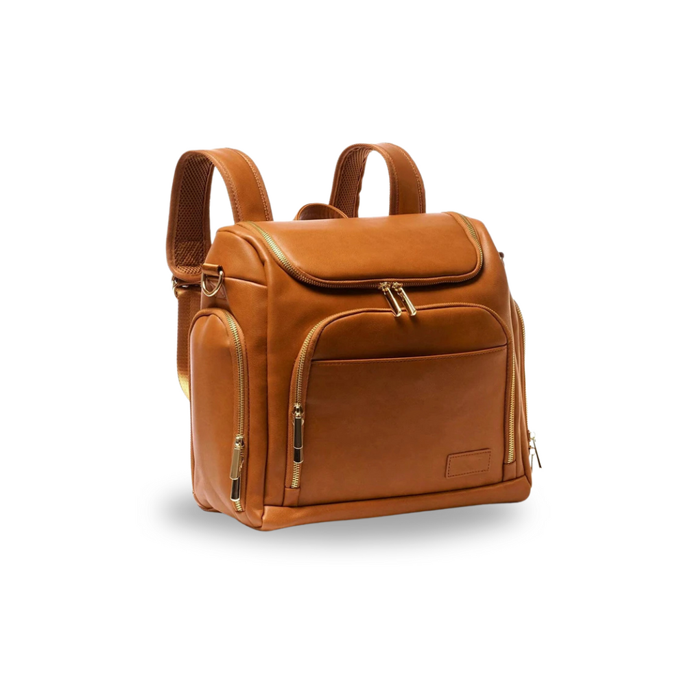 Pañalera Tipo Morral Multifuncional + Accesorios Cuero  Marrón / Camel