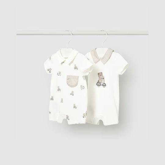 Set 2 Pijamas Cortos Cuello Bebe Recien Nacido Crudo