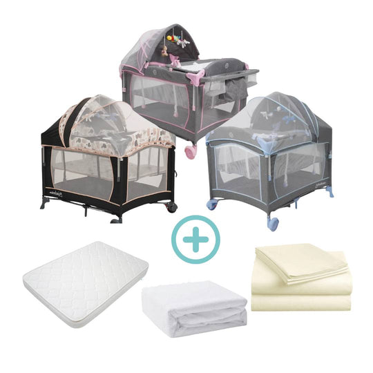 Combo Cuna Corral Colecho Smart Maxibaby + Colchón + Forro Antifluido + Sábanas Beige Cloudbaby