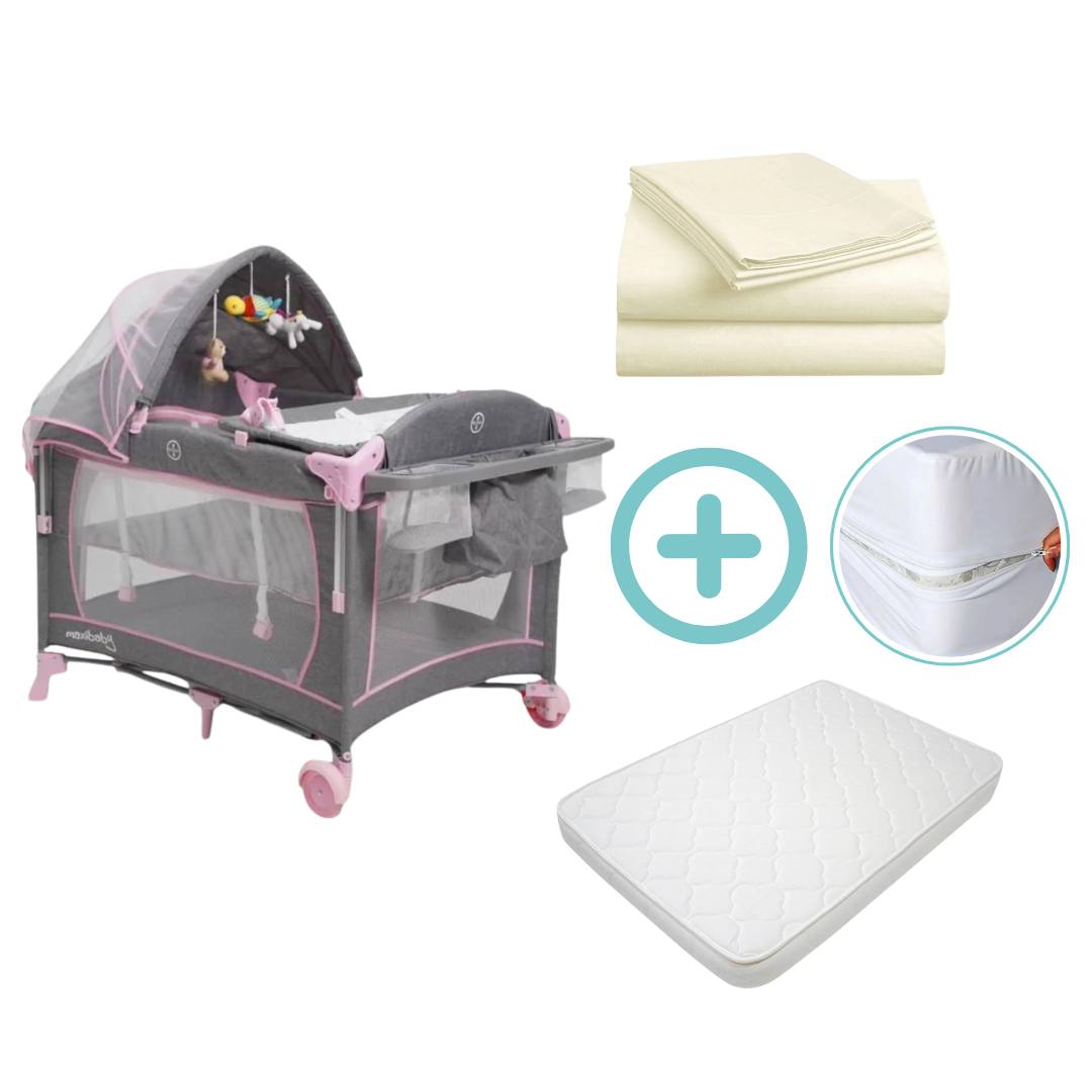Combo Cuna Corral Colecho Smart Maxibaby + Colchón + Forro Antifluido + Sábanas Beige Cloudbaby