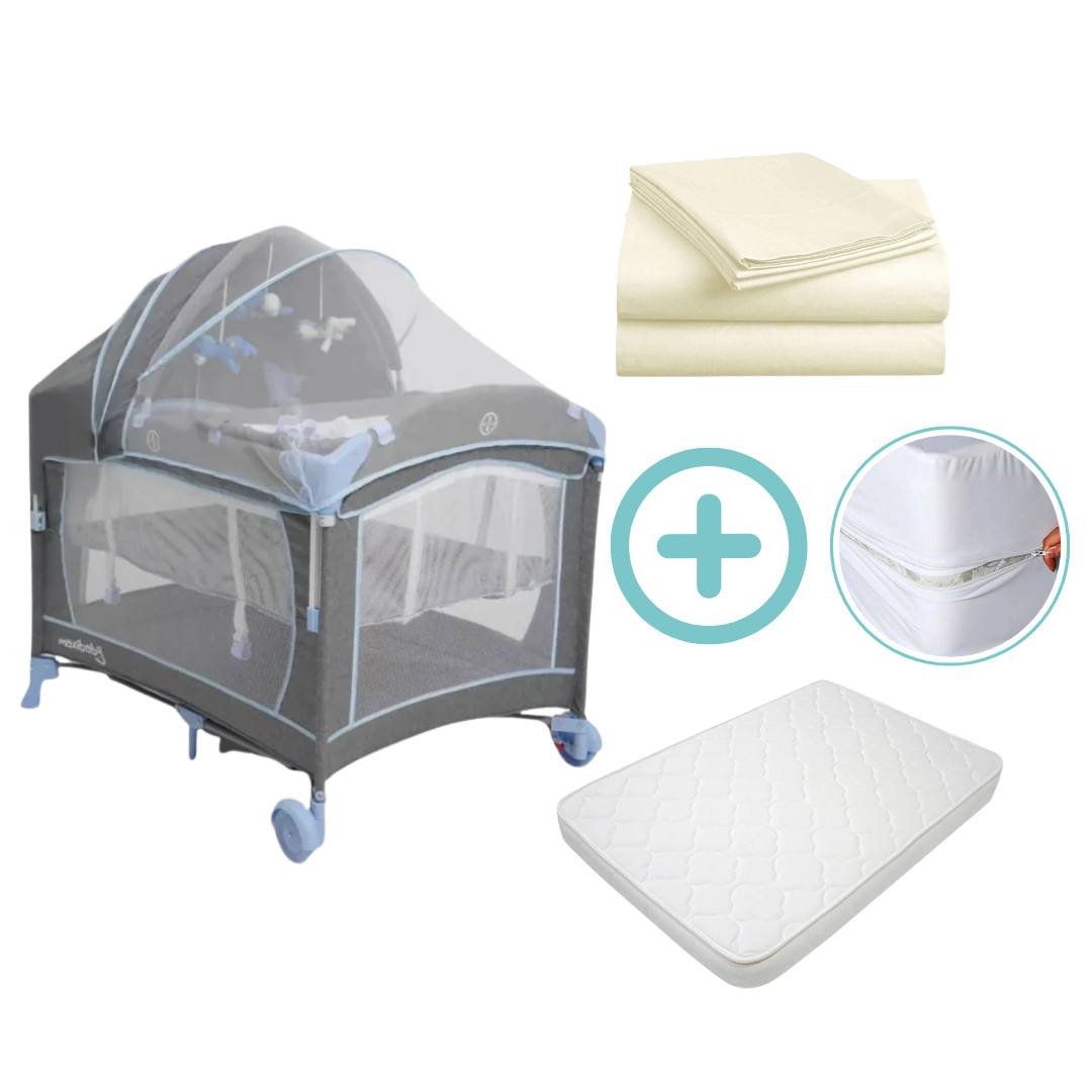 Combo Cuna Corral Colecho Smart Maxibaby + Colchón + Forro Antifluido + Sábanas Beige Cloudbaby