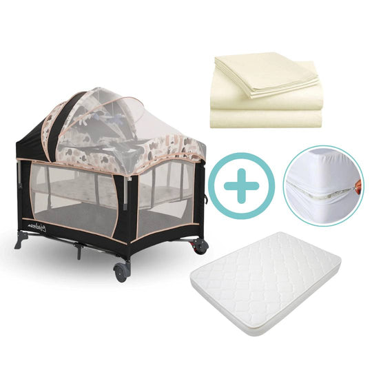 Combo Cuna Corral Colecho Smart Maxibaby + Colchón + Forro Antifluido + Sábanas Beige Cloudbaby