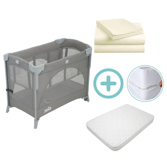 Combo Corral Cuna Colecho Kubbie Baby Joie + Colchón + Forro Antifluido + Sábanas Beige Cloudbaby