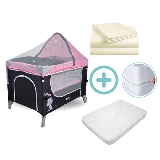 Combo Cuna Corral Colecho Madison Priori + Colchón + Forro Antifluido + Sábanas Beige Cloudbaby