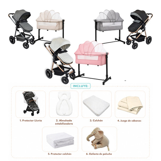Combo Newborn Coche Moises Abby Premium Baby + Cuna Colecho Cid + Complementos