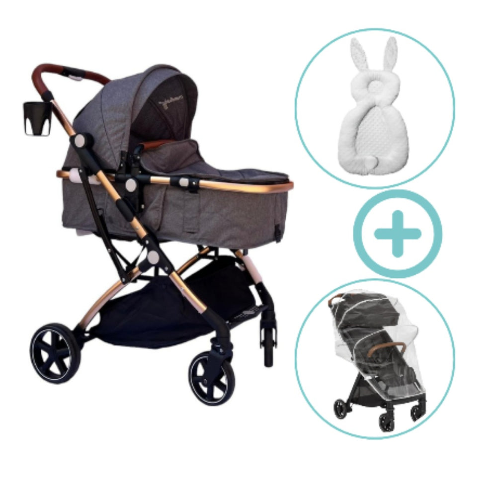 Combo Comfort: Coche Moises Small Maxibaby Gris + Cuna Corral Colecho Madison Negro + Tina Haway Happy Baby Gris + Almohada Anti Reflujo Elefante