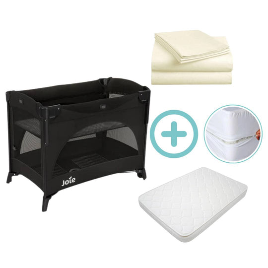 Combo Corral Cuna Colecho Kubbie Baby Joie + Colchón + Forro Antifluido + Sábanas Beige Cloudbaby