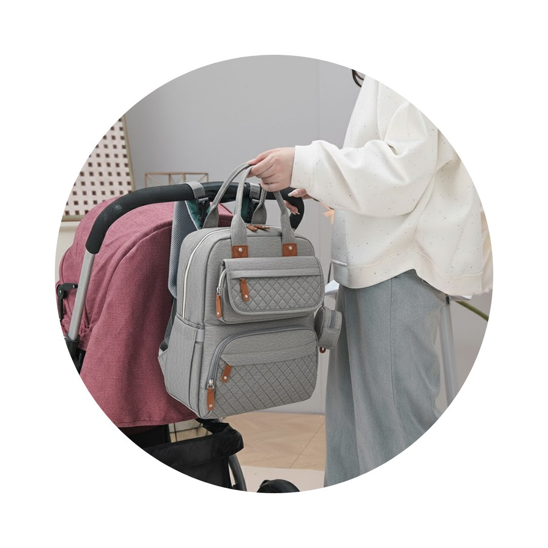 Pañalera Tipo Morral Multifuncional Zius + Accesorios Gris Claro