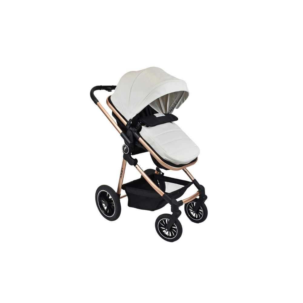 Combo Coche Moises Abby Premium Baby Blanco + Cuna Colecho Golf Priori Rosa