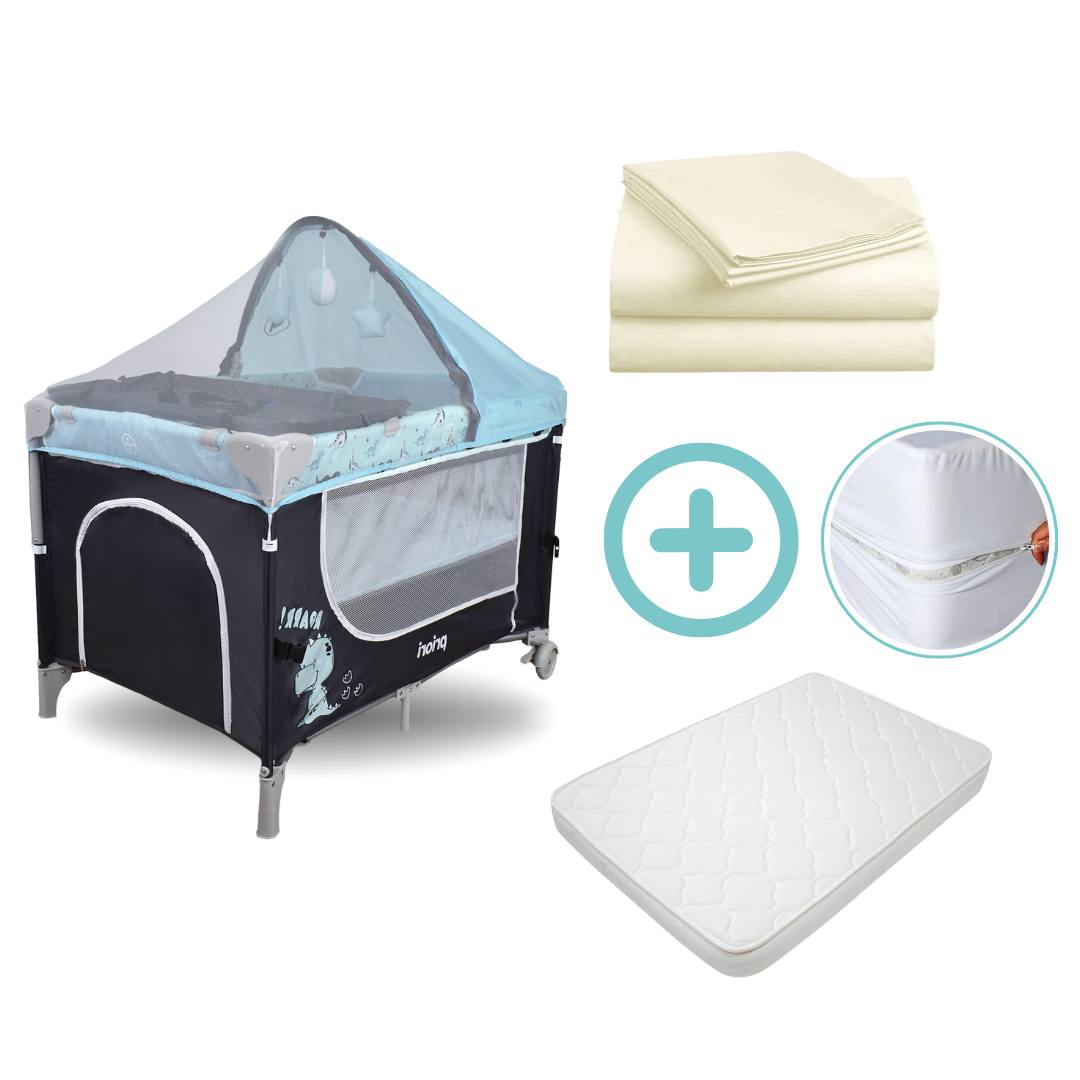 Combo Cuna Corral Colecho Madison Priori + Colchón + Forro Antifluido + Sábanas Beige Cloudbaby