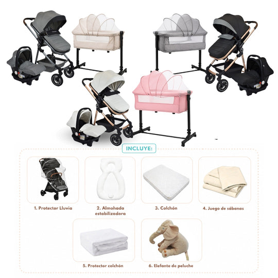 Combo Newborn Coche Moises 3 En 1 Abby Premium Baby + Cuna Colecho Cid + Complementos