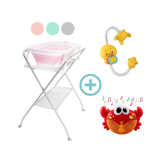 Combo Tina Plegable Wanda Portátil Happy Baby+ Soporte Para Tina De Bebé + Ducha Eléctrica Pato + Cangrejo De Burbujas Musical