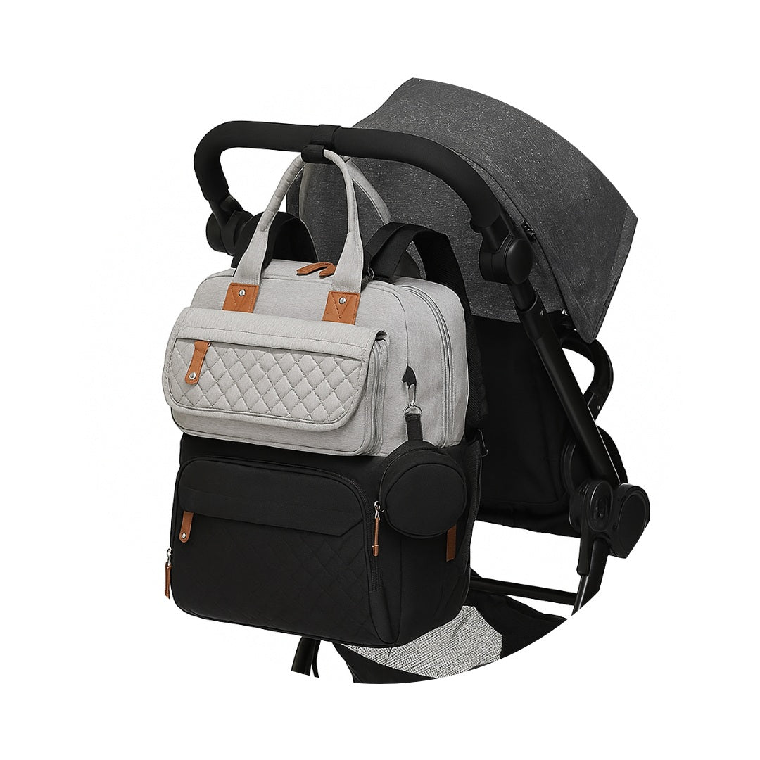 Pañalera Tipo Morral Multifuncional Zius + Accesorios Negro/Gris Claro