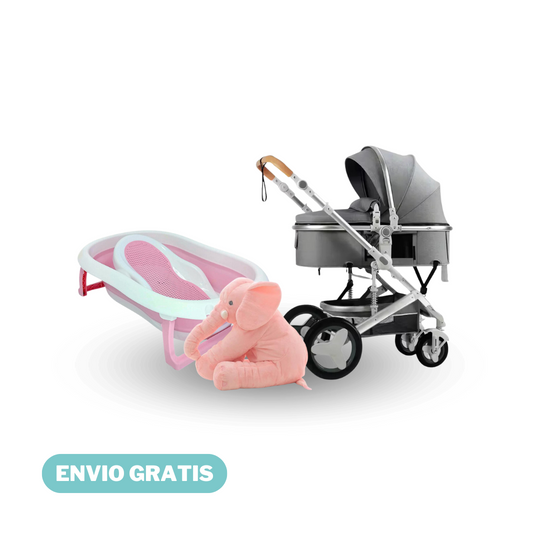 Combo Coche Moises Belecoo Gris + Tina Plegable Ocean Rosa