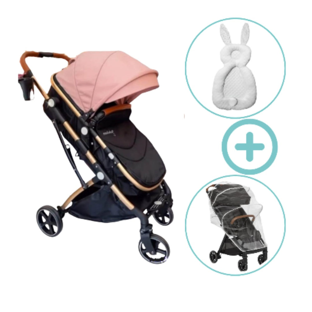 Combo Comfort: Coche Moises Small Maxibaby Rosa + Cuna Corral Colecho Madison Rosa + Tina Haway Happy Baby Rosa + Almohada Anti Reflujo Elefante