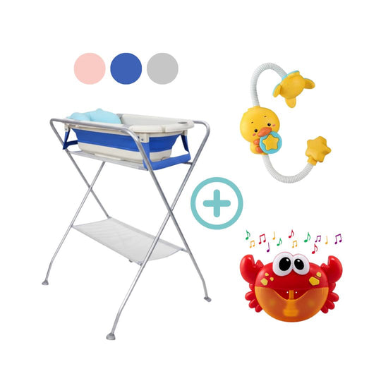 Combo Tina Plegable Lee Portátil Priori + Soporte Para Tina De Bebé + Ducha Eléctrica Pato + Cangrejo De Burbujas Musical