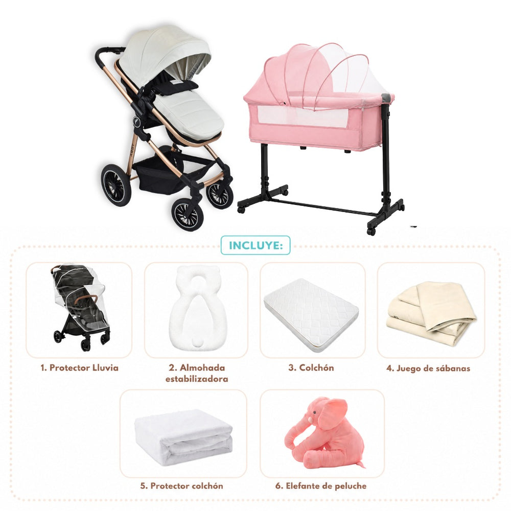 Combo Newborn Coche Moises Abby Premium Baby + Cuna Colecho Cid + Complementos