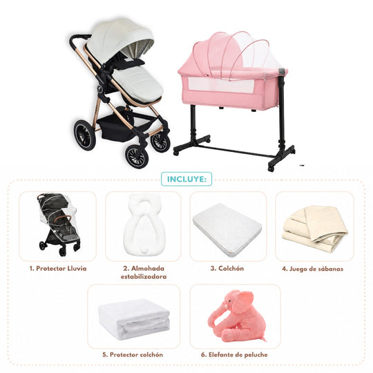 Combo Newborn Coche Moises Abby Premium Baby Blanco + Cuna Colecho Cid