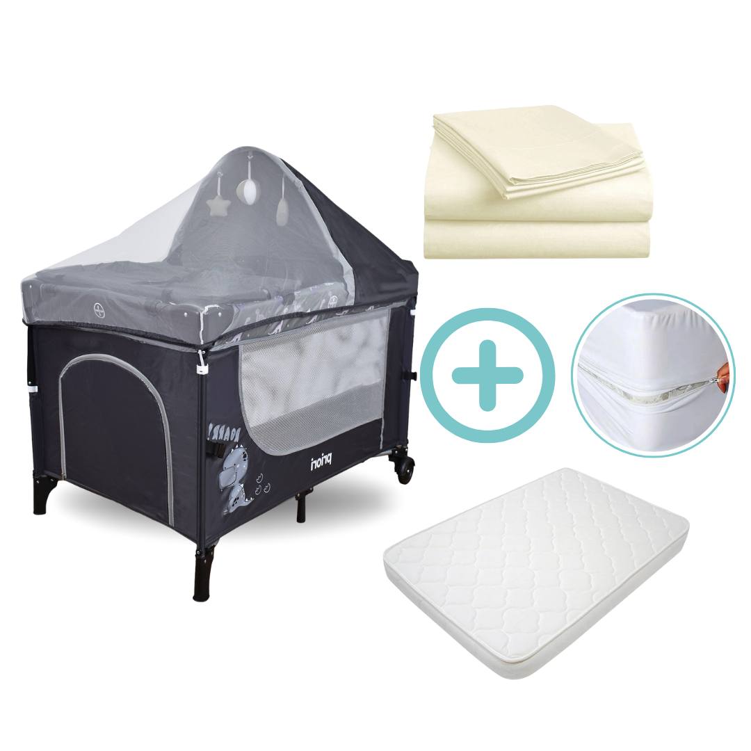 Combo Cuna Corral Colecho Madison Priori + Colchón + Forro Antifluido + Sábanas Beige Cloudbaby