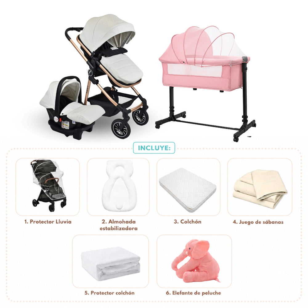 Combo Newborn Coche Moises 3 En 1 Abby Premium Baby + Cuna Colecho Cid + Complementos