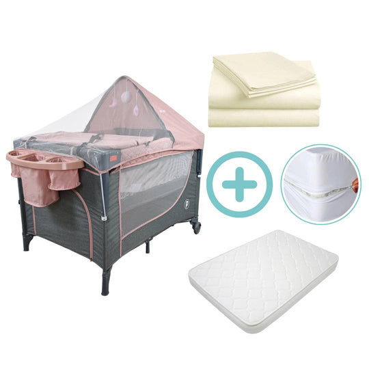 Combo Cuna Corral Colecho Pro Max Priori + Colchón + Forro Antifluido + Sábanas Beige Cloudbaby