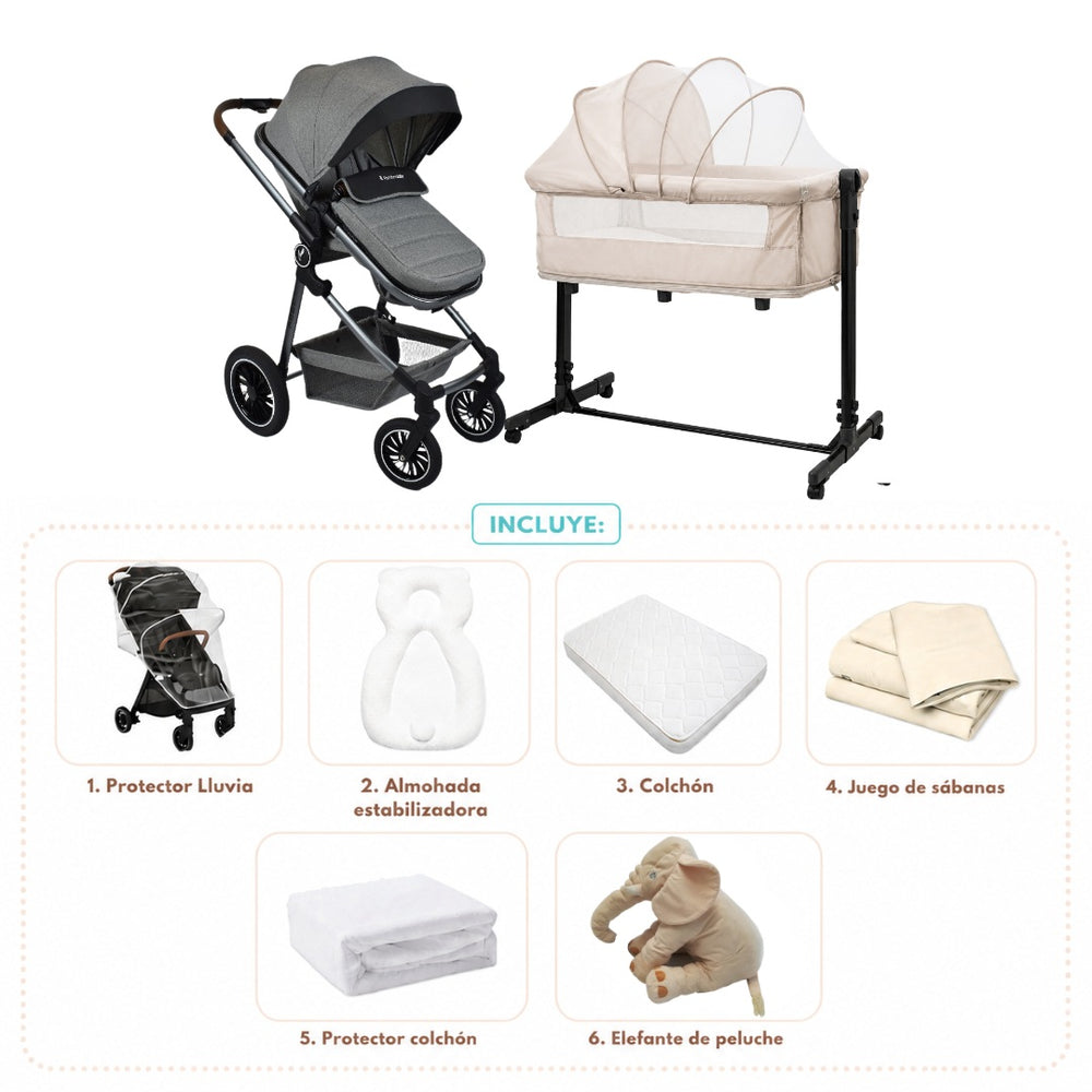 Combo Newborn Coche Moises Abby Premium Baby + Cuna Colecho Cid + Complementos