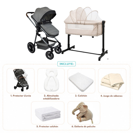 Combo Newborn Coche Moises Abby Premium Baby Gris + Cuna Colecho Cid