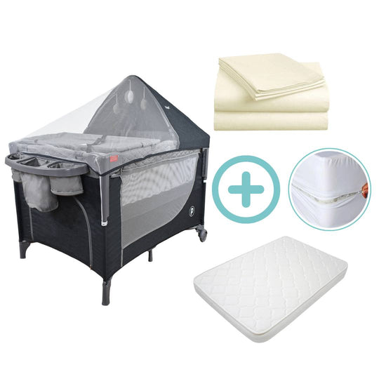Combo Cuna Corral Colecho Pro Max Priori + Colchón + Forro Antifluido + Sábanas Beige Cloudbaby