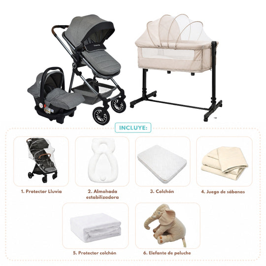 Combo Newborn Coche Moises 3 En 1 Abby Premium Baby + Cuna Colecho Cid + Complementos