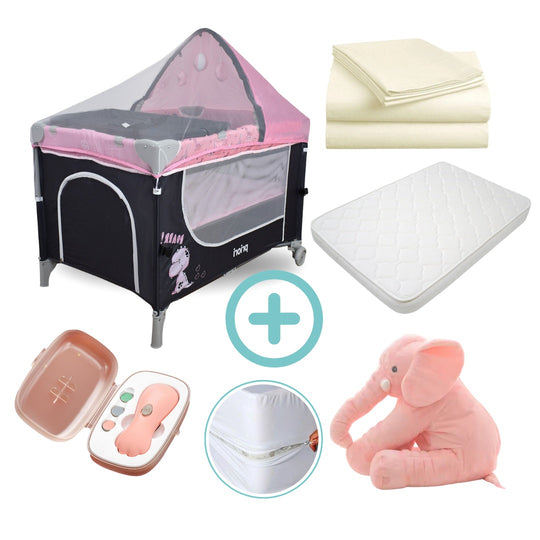 Combo Dreams Cuna Corral Colecho Madison Rosa Priori + Colchón + Forro Antifluido + Sábanas + Almohada De Elefante + Lima Electrica