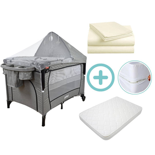 Combo Cuna Corral Colecho Pro Max Priori + Colchón + Forro Antifluido + Sábanas Beige Cloudbaby