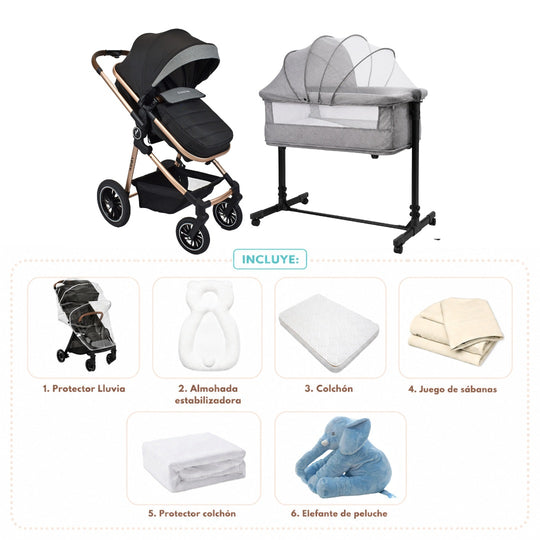 Combo Newborn Coche Moises Abby Premium Baby Negro + Cuna Colecho Cid