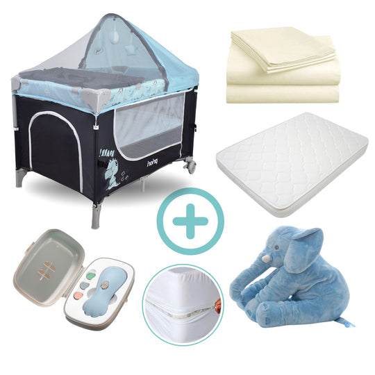 Combo Dreams Cuna Corral Colecho Madison Azul Priori + Colchón + Forro Antifluido + Sábanas + Almohada De Elefante + Lima Electrica