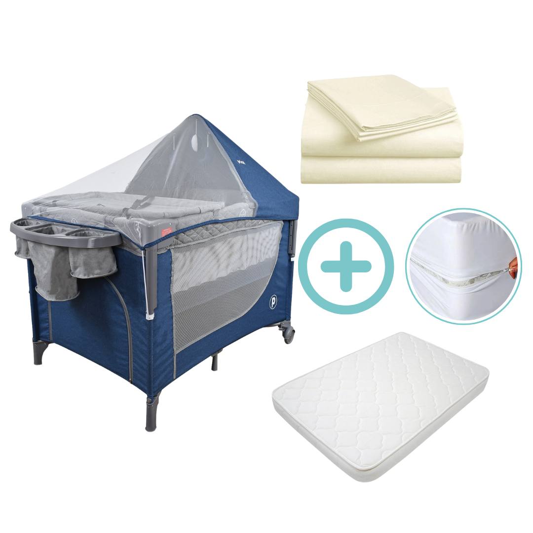 Combo Cuna Corral Colecho Pro Max Priori + Colchón + Forro Antifluido + Sábanas Beige Cloudbaby