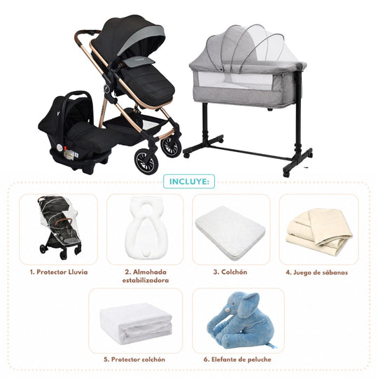 Combo Newborn Coche Moises 3 En 1 Abby Premium Baby + Cuna Colecho Cid + Complementos