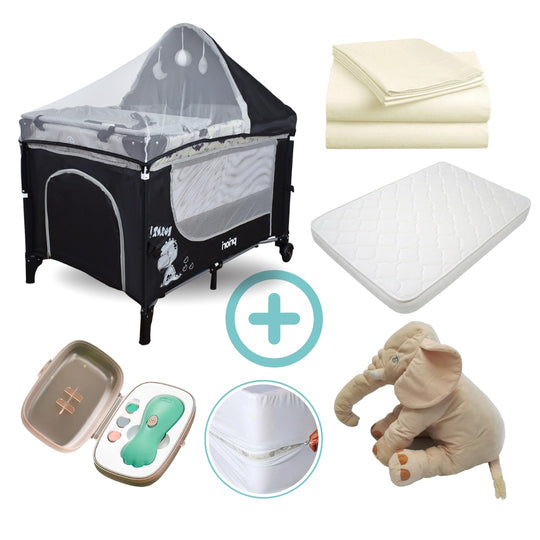 Combo Dreams Cuna Corral Colecho Madison Negro Priori + Colchón + Forro Antifluido + Sábanas + Almohada De Elefante + Lima Electrica (Copia)