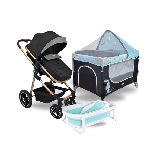 Combo Coche Moises Abby Premium Negro + Cuna Corral Colecho Madison Azul+ Tina Wanda Happy Baby Azul