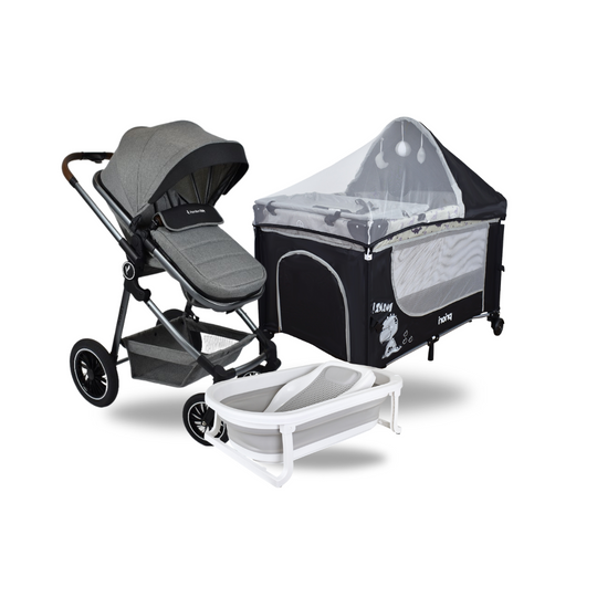 Combo Coche Moises Abby Premium Gris + Cuna Corral Colecho Madison Negro + Tina Wanda Happy Baby Gris