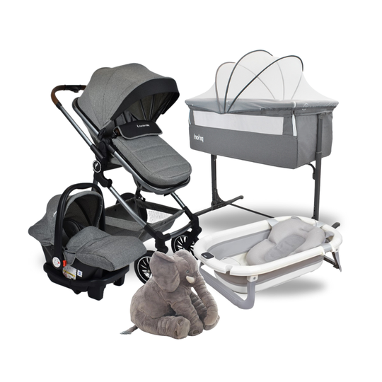 Combo Coche Moises Abby 3 en 1 Premium Baby Gris + Cuna Colecho Golf + Tina Lee Priori Gris + Almohada Anti Reflujo Elefante