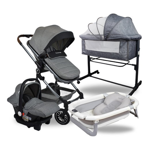 Combo Coche Moises Abby 3 en 1 Premium Baby Gris + Cuna Colecho Side By Side + Tina Lee Priori Gris