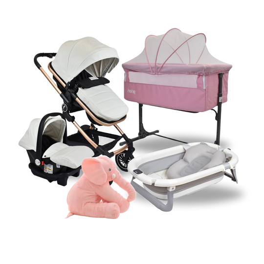 Combo Coche Moises Abby 3 en 1 Premium Baby Blanco + Cuna Colecho Golf + Tina Lee Priori Rosa + Almohada Anti Reflujo Elefante