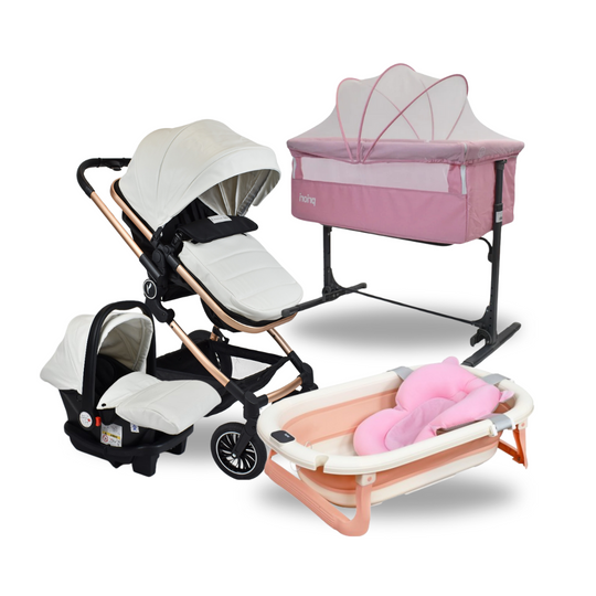 Combo Coche Moises Abby 3 en 1 Premium Baby Blanco + Cuna Colecho Golf + Tina Lee Priori Rosa