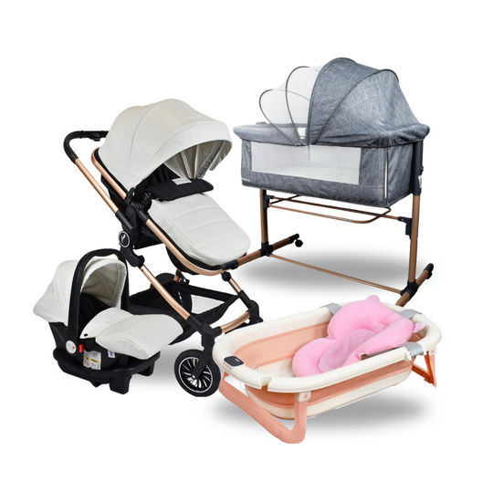 Combo Coche Moises Abby 3 en 1 Premium Baby Blanco + Cuna Colecho Side By Side + Tina Lee Priori Rosa