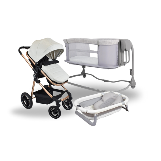 Combo Coche Moises Abby Blanco + Cuna Colecho Eléctrica de Lujo + Tina Lee Priori Gris