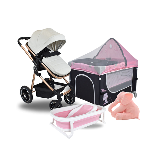 Combo Coche Moises Abby Premium Baby Blanco + Cuna Corral Colecho Madison + Tina Wanda Happy Baby + Almohada Anti Reflujo Elefante