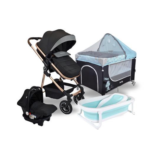 Combo Coche Moises Abby 3 en 1 Premium Baby Negro + Cuna Corral Colecho Madison + Tina Wanda Happy Baby
