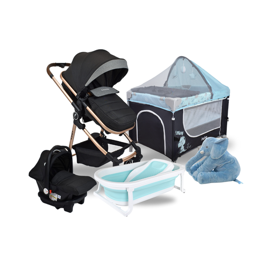 Combo Coche Moises Abby 3 en 1 Premium Baby Negro + Cuna Corral Colecho Madison + Tina Wanda Happy Baby + Almohada Anti Reflujo Elefante