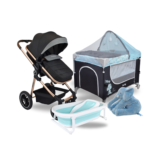 Combo Coche Moises Abby Premium Negro + Cuna Corral Colecho Madison Azul+ Tina Wanda Happy Baby Azul + Almohada Anti Reflujo Elefante