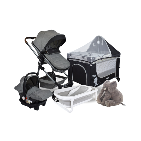 Combo Coche Moises 3 En 1 Abby Premium Gris + Cuna Corral Colecho Madison Negro + Tina Wanda Happy Baby Gris + Almohada Anti Reflujo Elefante