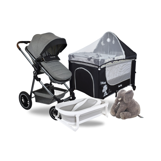 Combo Coche Moises Abby Premium Gris + Cuna Corral Colecho Madison Negro + Tina Wanda Happy Baby Gris + Almohada Anti Reflujo Elefante